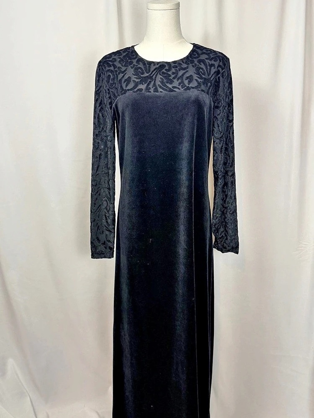 VTG Diane Von Furstenberg Black Velvet Maxi Dress Floral Burnout Illusion, Small